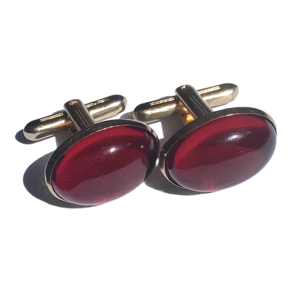 Vintage Hickok Usa Red Ruby Cabochon Gold Tone Cufflinks
